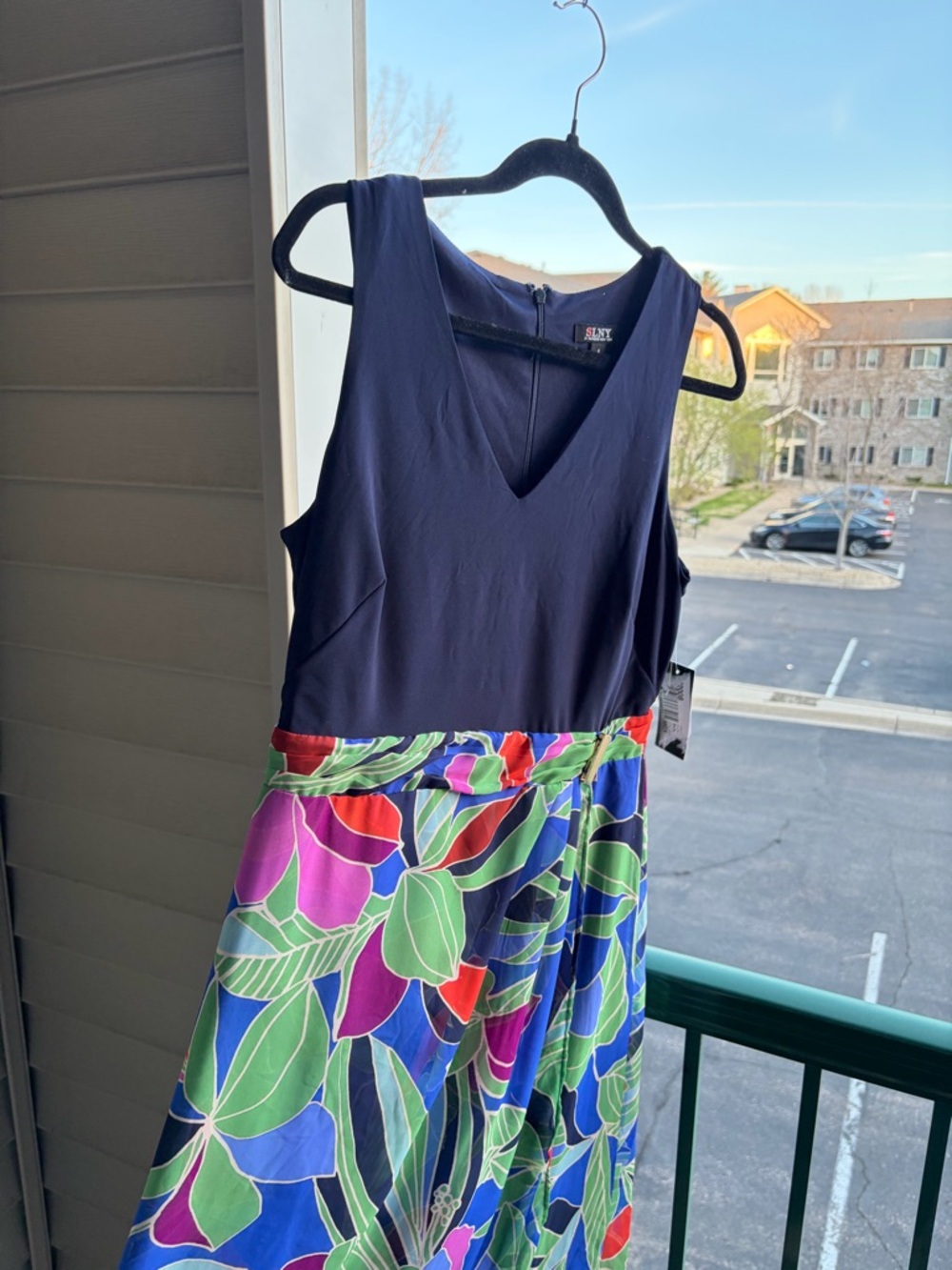🆕 💚🩷🩵💙SLNY Navy Multi Floral Midi Dress Size 8 Fit & Flare Belted Summer Dress - Picture 5 of 17